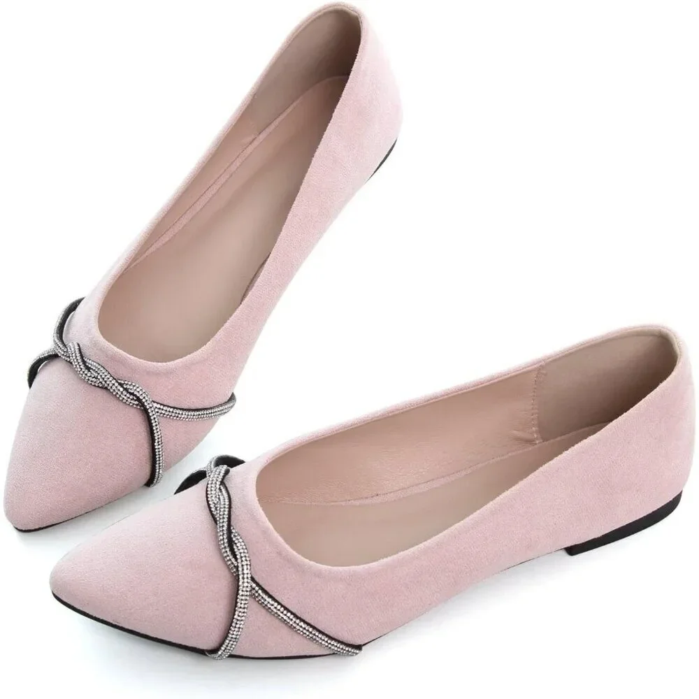 Women's Light Pink Casual Flats Fashion Chain Pointed Toe Ballet Flat Rhinestone